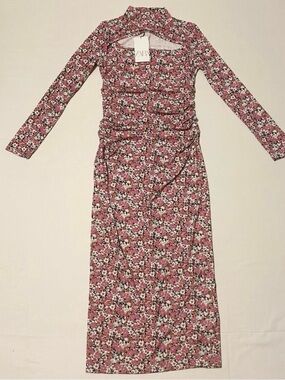 Zara Pink Floral Long Sleeve Ruched Midi Dress